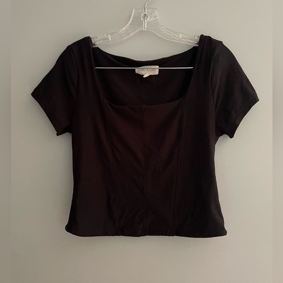 Olive & Oak Women’s Black Short Sleeve Corset Tee Large Square Neck Stretch Soft - Picture 2 of 14